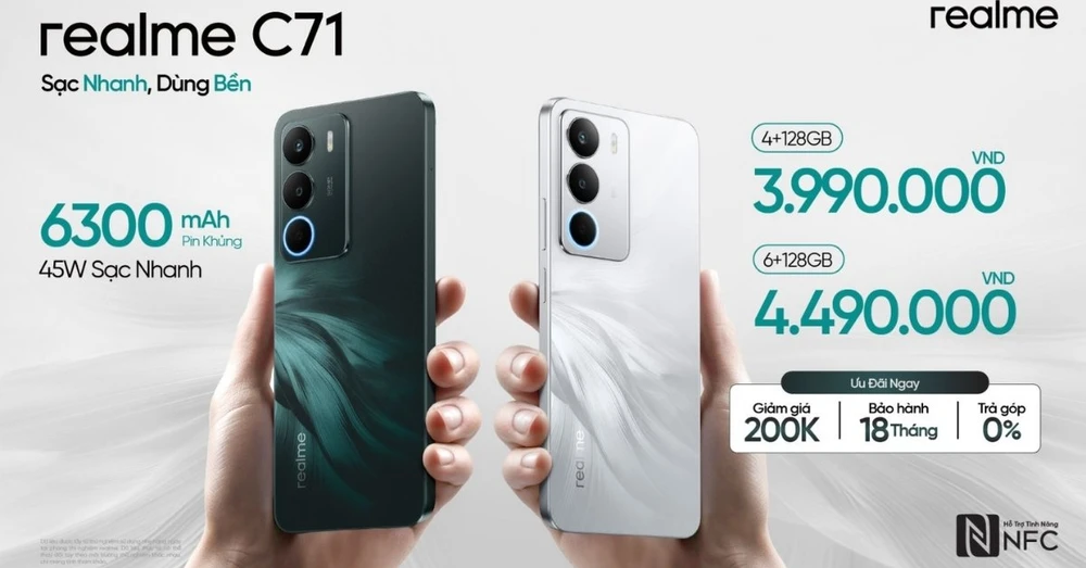Realme C71 ra mắt tại Việt Nam: pin 6.300mAh, sạc nhanh 45W, màn hình 725 nit và giá từ 3.99 triệu đồng