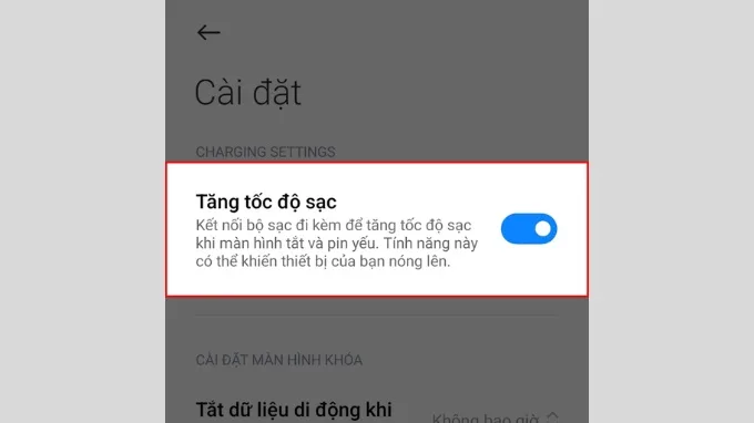 Bước 2 bật tính năng tăng tốc độ sạc
