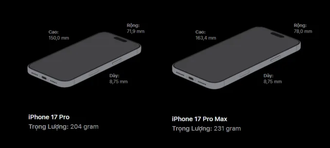 Kích thước iPhone 17 Pro/ 17 Pro Max bao nhiêu inch?