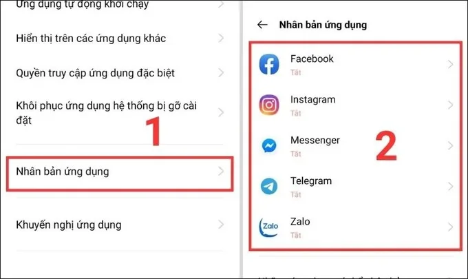Gạt nút tròn từ trái qua phải tại mục Tạo bản sao ứng dụng để nhân đôi