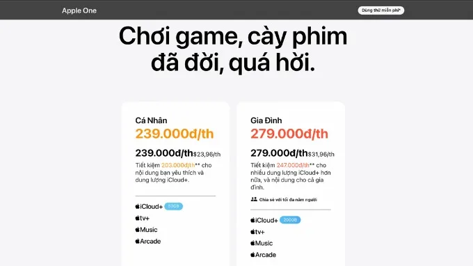 Mức giá và gói cước của Apple One