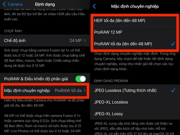 người dùng có thể tùy chỉnh độ phân giải ảnh ProRAW