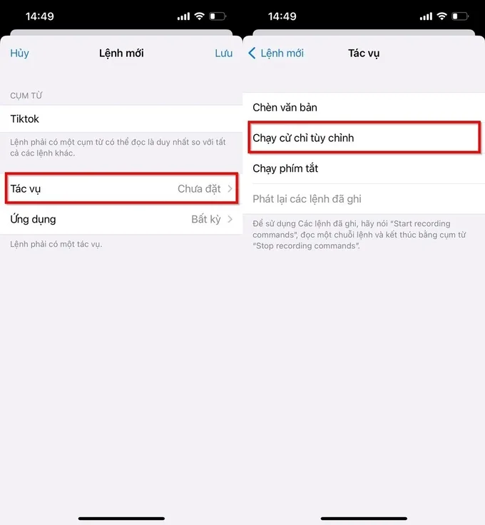 Nhấn chọn Tác vụ để tùy chọn cử chỉ