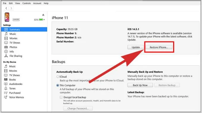 “Restore” iPhone bằng iTunes trên máy tính