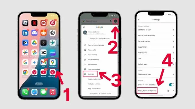 Bước 1: Chọn Settings (Cài đặt), sau đó truy cập mục About, terms & privacy.