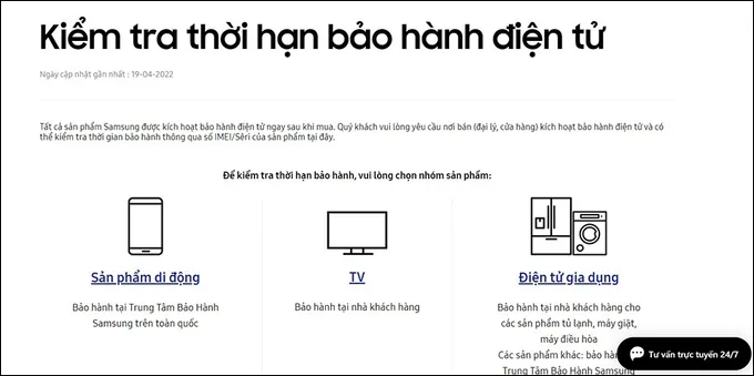Truy cập trang kiểm tra bảo hành chính thức của Samsung Việt Nam