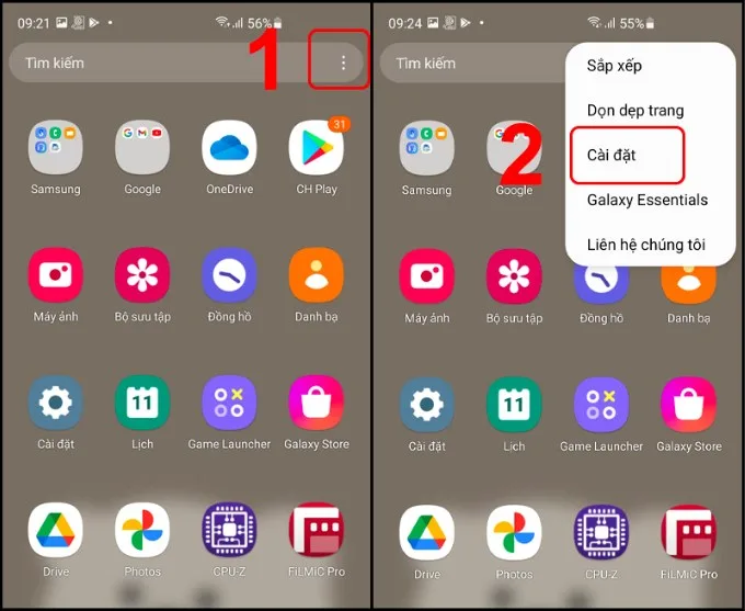 Bước 1 bỏ ẩn ứng dụng trên Samsung
