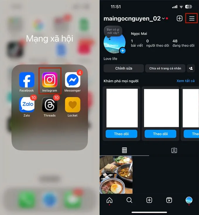 Mở ứng dụng Instagram