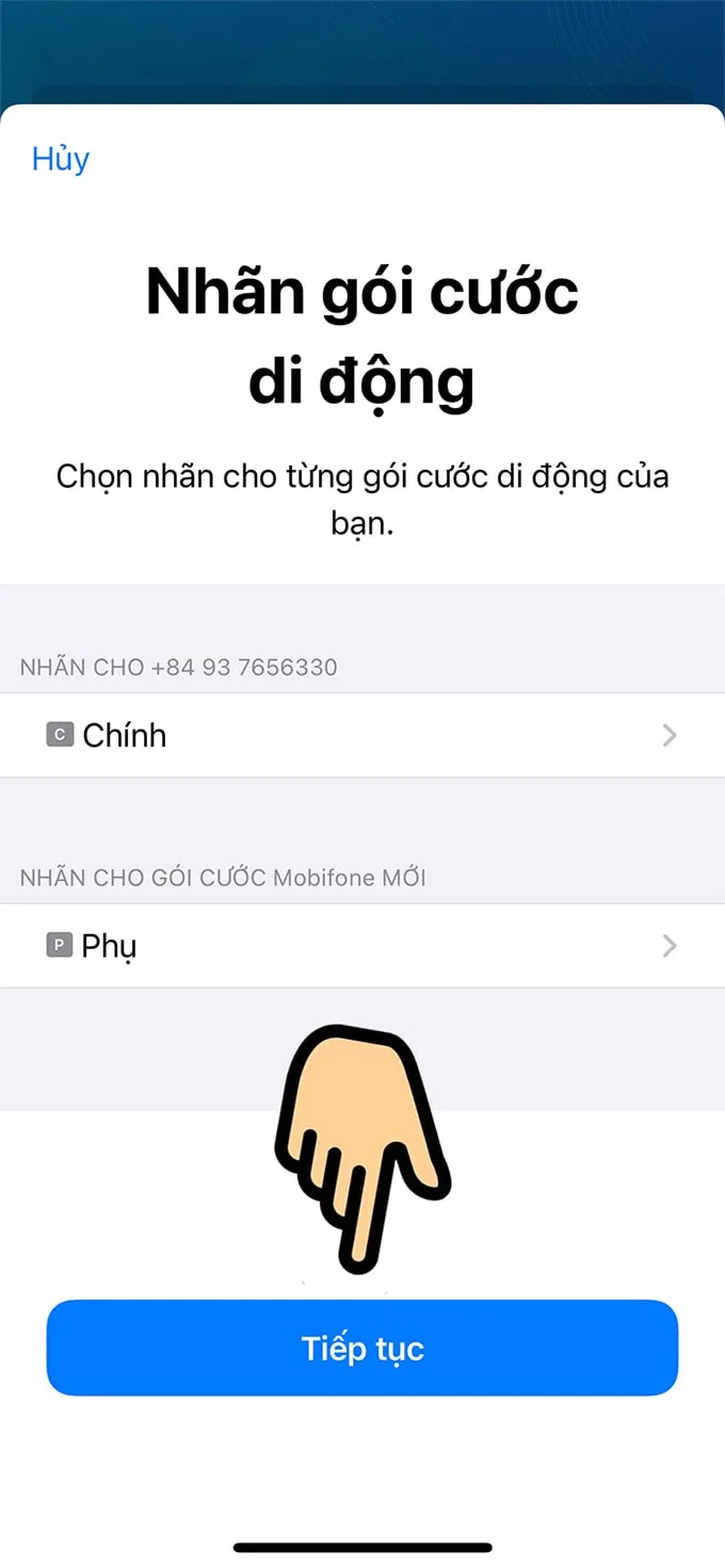 Nhãn gói di động (eSIM hoặc chính) → Tiếp tục