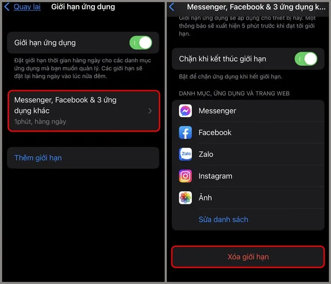 Chọn ứng dụng muốn xóa giới hạn trên iPhone 14