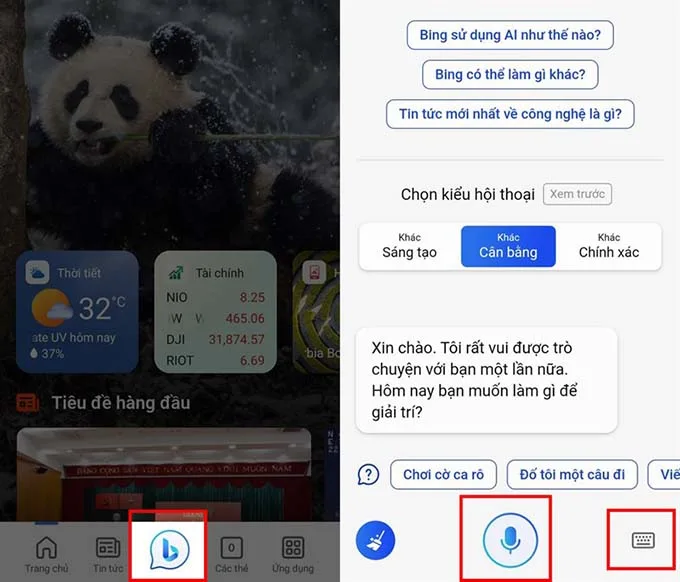 Nhấn vào biểu tượng Bing ở cuối màn hình điện thoại