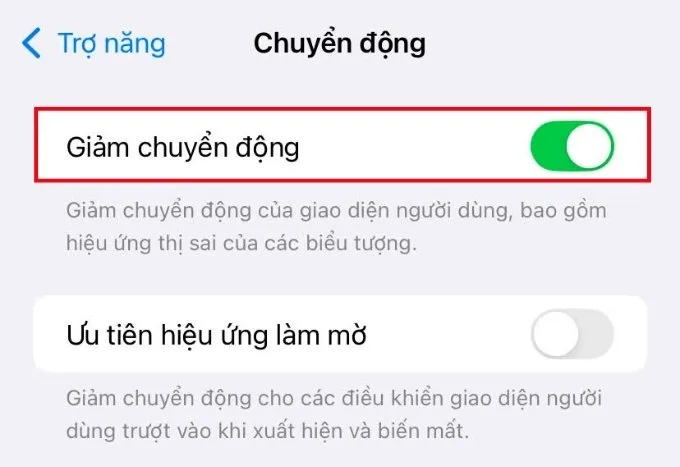 Tắt hiệu ứng chuyển động