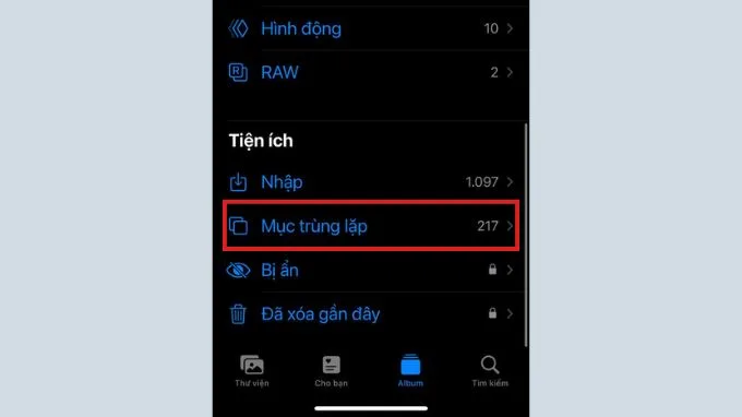 Vào mục trùng lặp trên iPhone