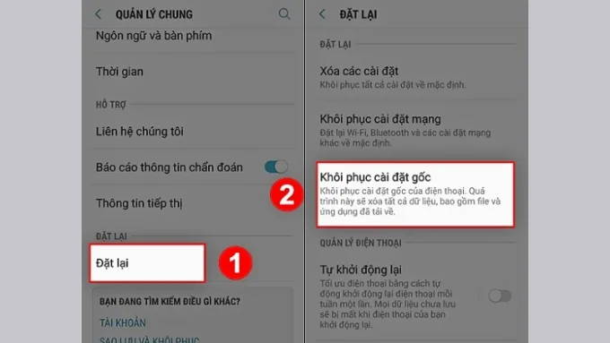 Chọn Đặt lại rồi sau đó nhấn Khôi phục cài đặt gốc