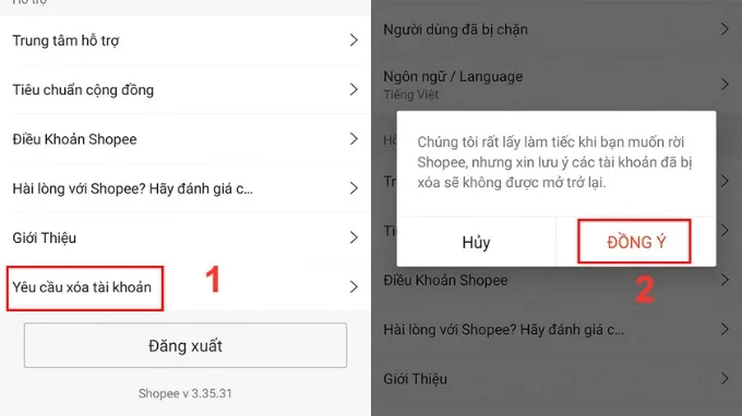 Xóa lịch sử mua hàng Shopee bằng cách yêu cầu xóa tài khoản