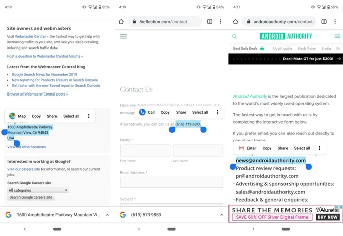 Tương tác với email, địa chỉ, số điện thoại trực tuyến