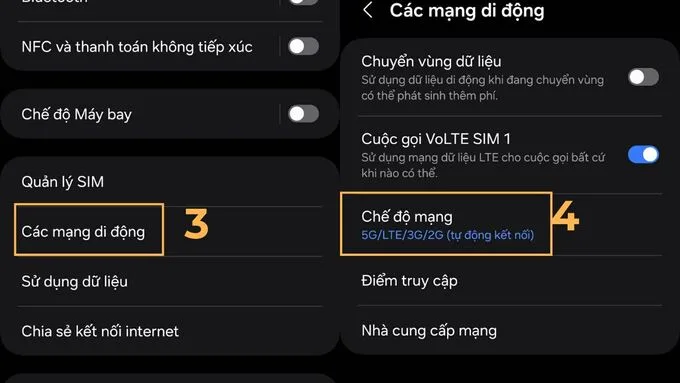 Chọn Các mạng di động và vào Chế độ mạng