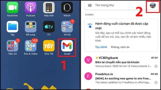 Mở ứng dụng Gmail trên iPhone và chọn vào ảnh đại diện