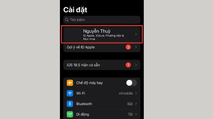 Vào Cài đặt trên iPhone chọn tài khoản Apple ID