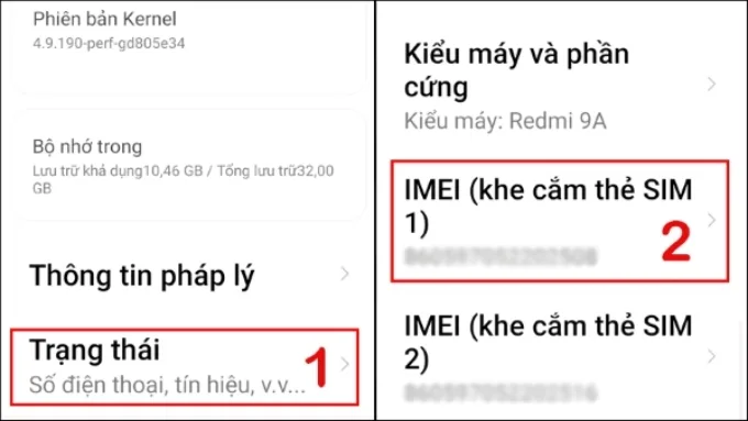 Tìm đến Trạng thái (Status) hoặc Thông tin IMEI (IMEI information)