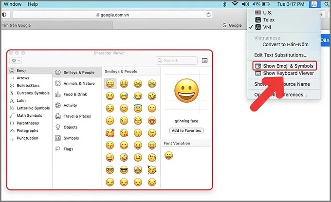 Biểu tượng Emoji cùng trình xem bàn phím sẽ xuất hiện ở góc trên bên phải thanh menu