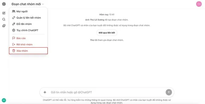 Cách xóa nhóm chat trên ChatGPT