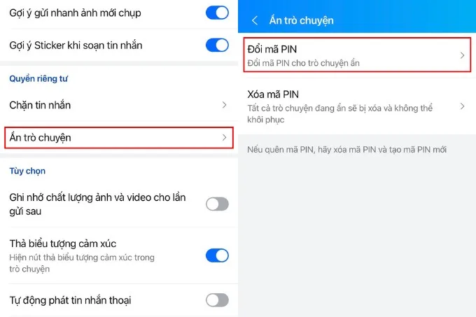 Đổi mã PIN cho tin nhắn ẩn Zalo trên máy tính và điện thoại