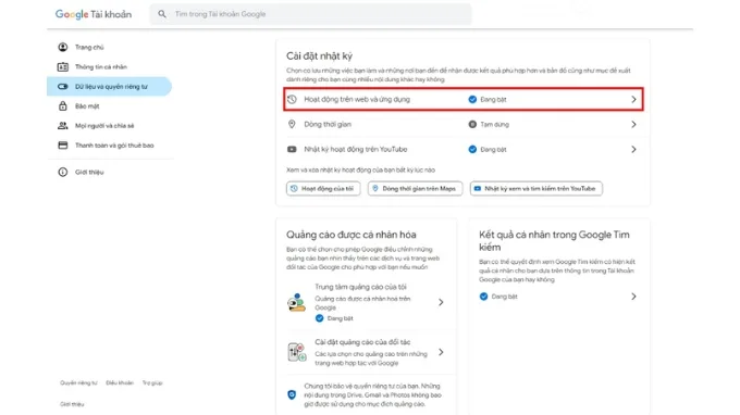 Bước 2 tắt tính năng nghe lén của Google trên máy tính