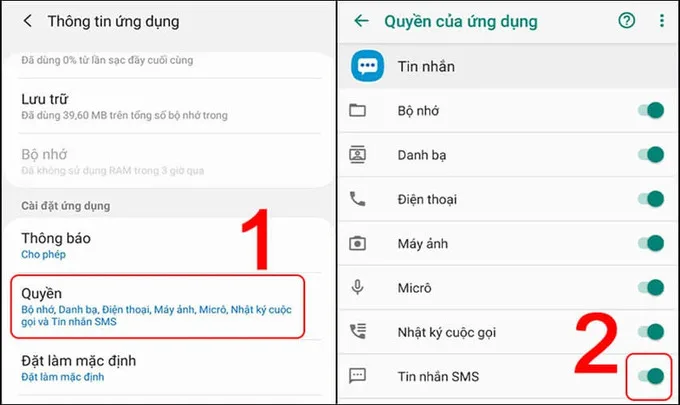 Chọn Tin nhắn và Vào mục Quyền