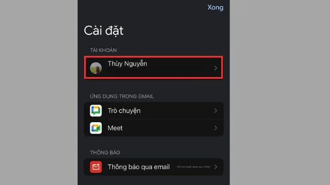 Chọn vào mục tài khoản