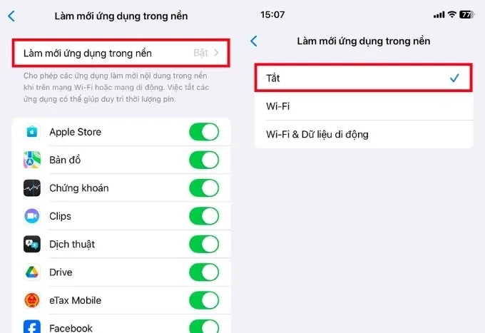 Tắt làm mới ứng dụng trong nền