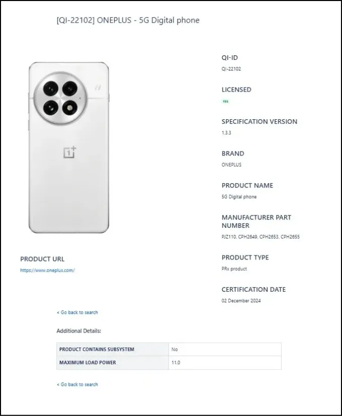 Thông tin từ chứng nhận Wireless Power Consortium của OnePlus 13