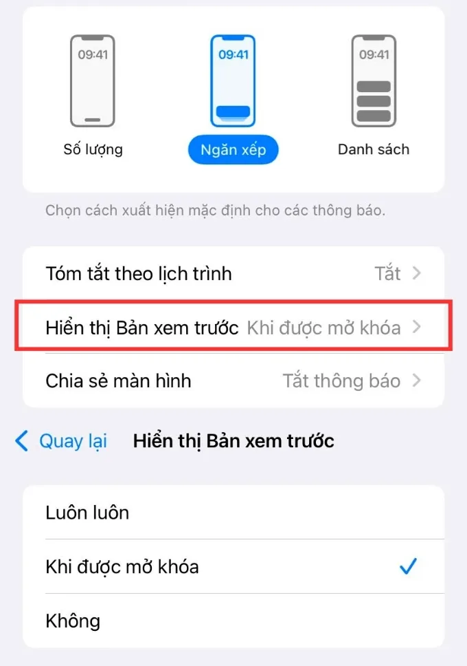 Ẩn nội dung thông báo khi màn hình bị khóa