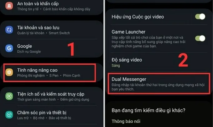 Truy cập Tính năng nâng cao rồi nhấp chọn Dual Messenger