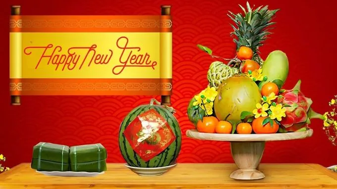 Hình nền background Tết Nguyên Đán 2025 mâm ngũ quả