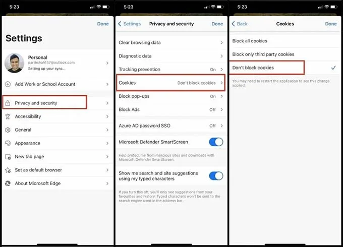 Bật cookie bằng trình duyệt Microsoft Edge