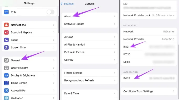 Tìm số IMEI iPhone trong Cài đặt