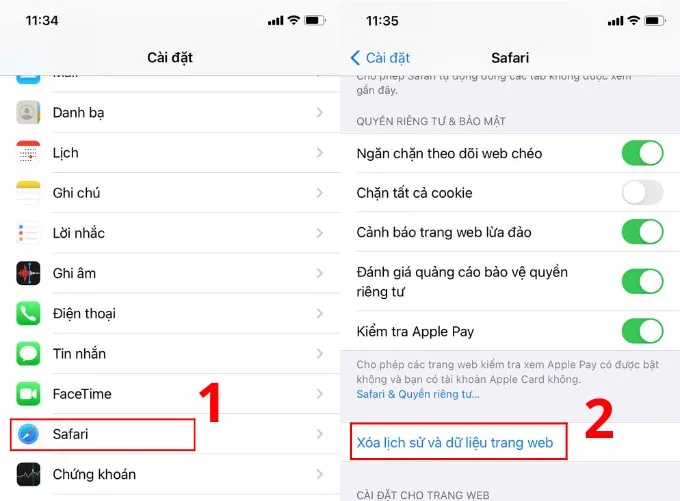 Xóa lịch sử tìm kiếm Safari trên iPhone thông qua Cài đặt