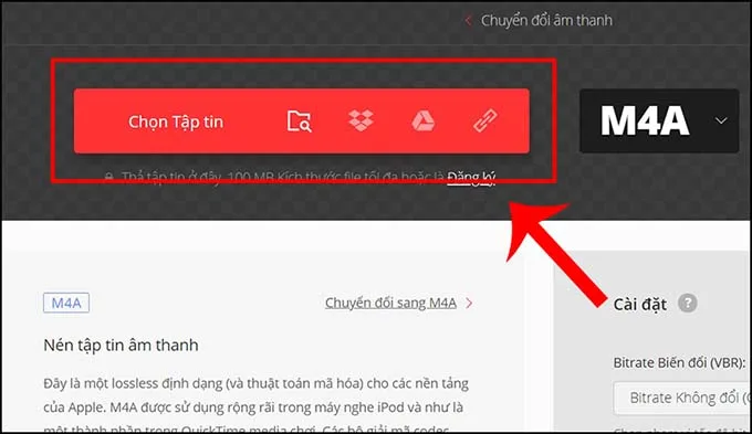 Truy cập vào website Convertio và tải file âm thanh M4A cần chuyển đổi lên