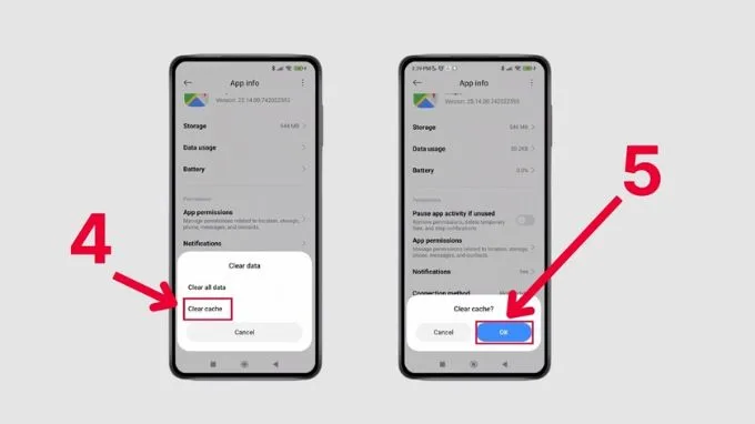 Bước 2: Tiếp tục chọn Clear cache và xác nhận OK.