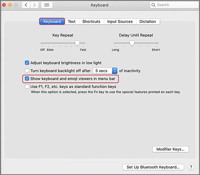 Đánh dấu chọn vào tùy chọn Show keyboard and emoji viewers in menu bar