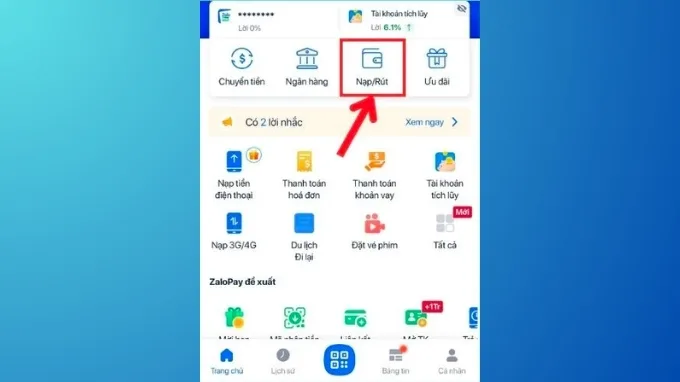Bước 1 chuyển tiền từ ví ZaloPay sang ví Momo