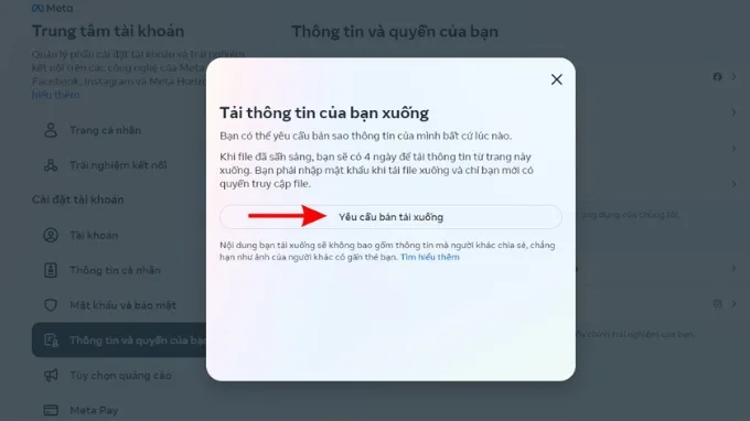 Bước 5 sao lưu dữ liệu trước khi chuyển Facebook cá nhân sang fanpage