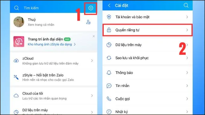 Vào mục cài đặt và Quyền riêng tư trên Zalo