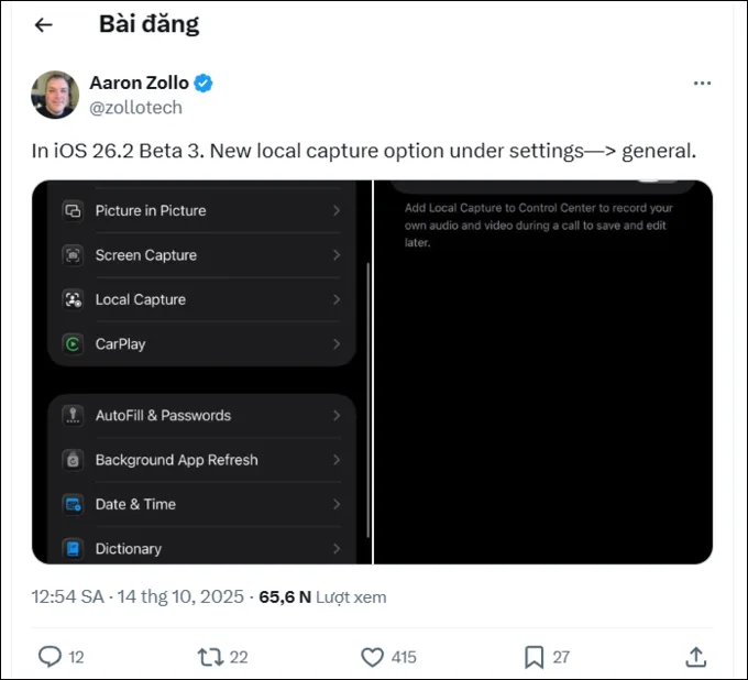 Một mục mới là Ghi âm cục bộ đã được thêm vào phần Cài đặt chung, hỗ trợ người dùng quản lý tốt hơn các bản ghi âm