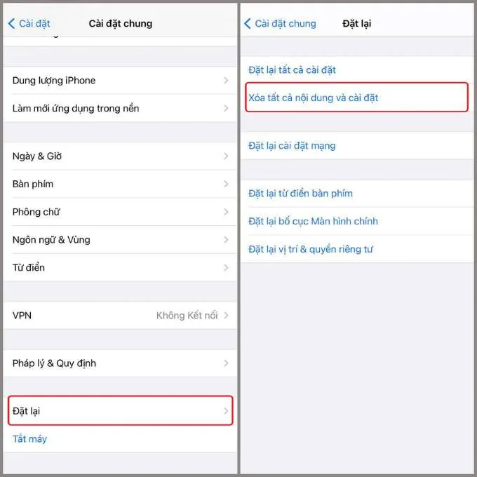 Chọn Đặt lại, chọn Xóa tất cả nội dung