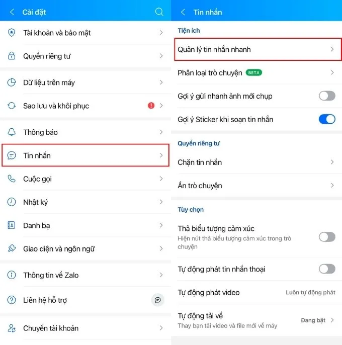 Sử dụng Tin nhắn nhanh trong Cài đặt