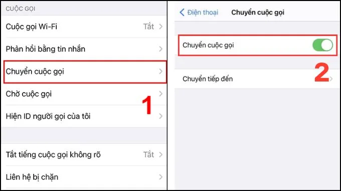 Nhấn vào mục chuyển tiếp cuộc gọi và gạt công tắt