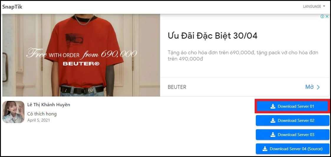 Tải video TikTok không logo qua SnapTik qua máy tính