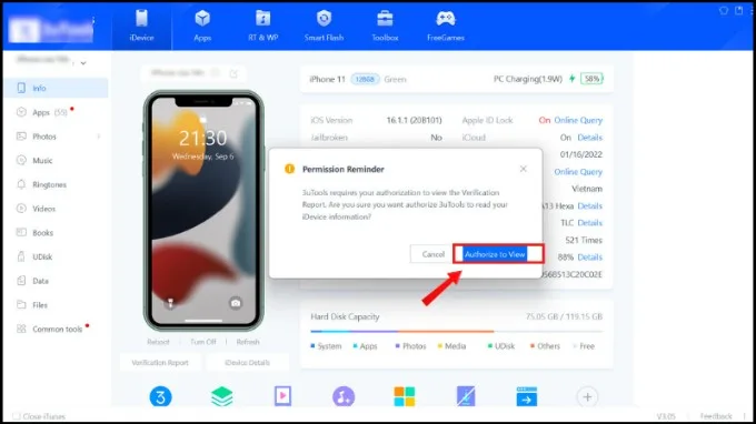 Kiểm tra pin iPhone thông qua 3uTools